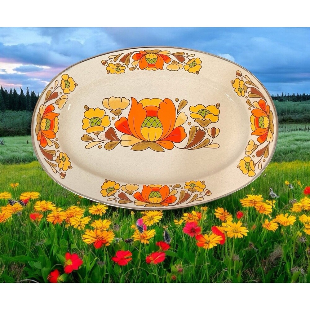 MCM Vintage 1970s Sanko Ware Porcelain Enameled Steel Country Flowers Platter